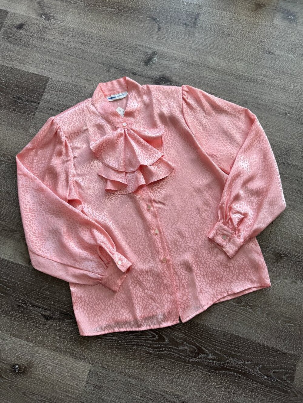 Vtg 80s Impromptu pink satin ruffle neck secretary blouse / sz M